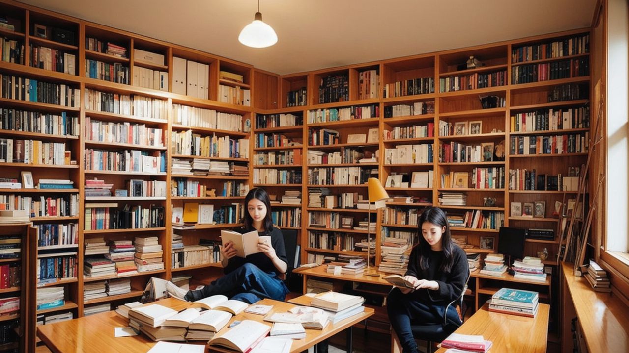 Stable Diffusion　大量の本、本棚、部屋、書斎、広い机、読書する女性